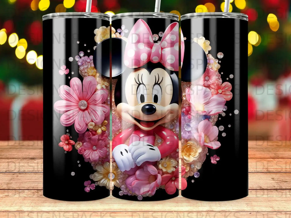Minnie Mouse in a pink dress surrounded by colorful flowers.