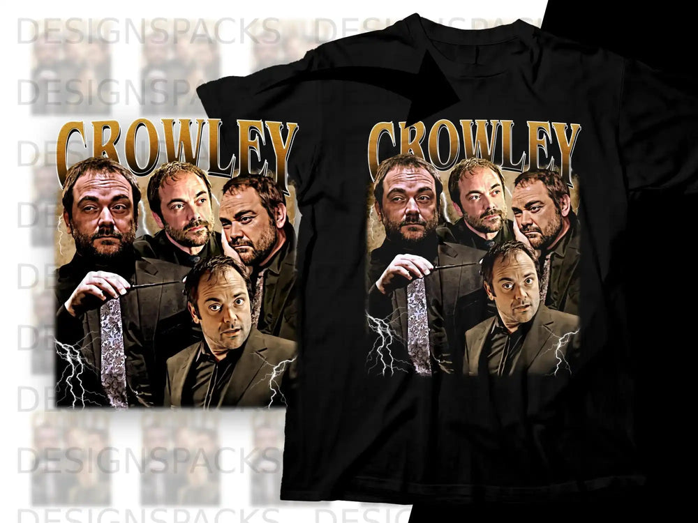 David Tennant as Crowley on black t-shirt with lightning and "Crowley" text.