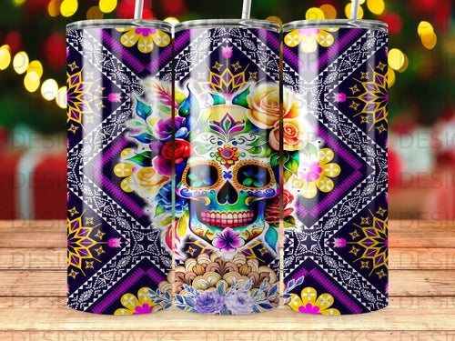 Floral sugar skull with purple geometric background and bokeh lights.