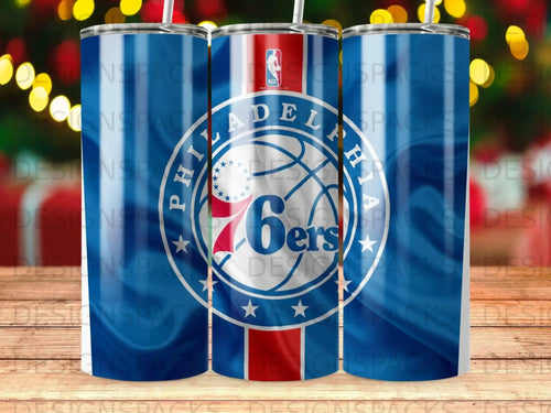 Philadelphia 76ers NBA logo on a blue and red striped tumbler.