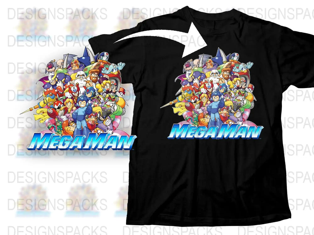 Mega Man Character Collage T-Shirt, Retro Video Game Tee, Classic Gaming Shirt, Colorful Graphic Design Top for Fans