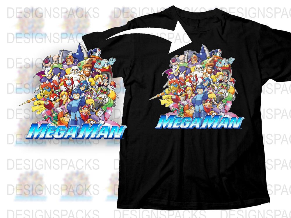 Mega Man Character Collage T-Shirt, Retro Video Game Tee, Classic Gaming Shirt, Colorful Graphic Design Top for Fans