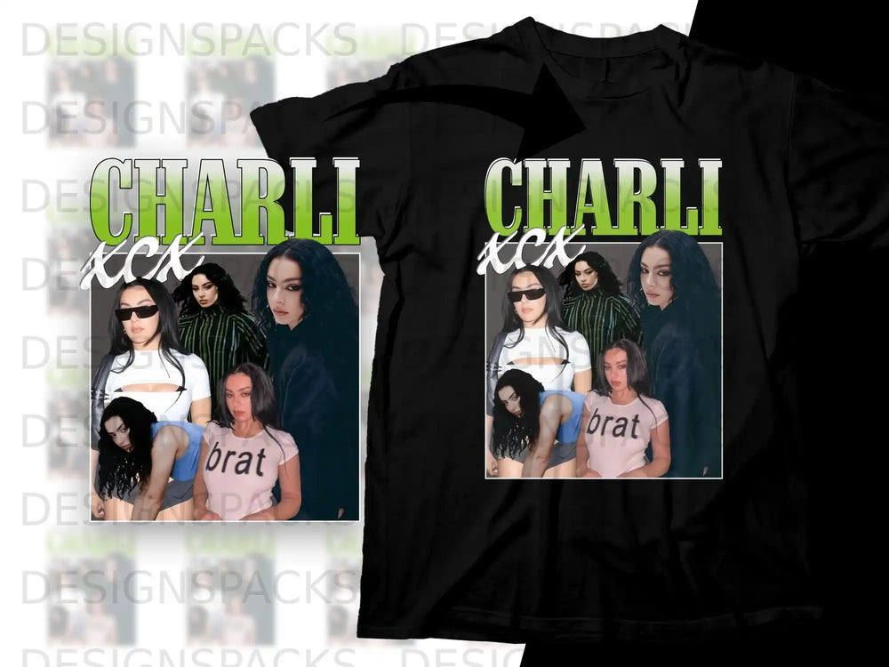 Black t-shirt with "Charli XCX" and collage of Charli XCX photos.