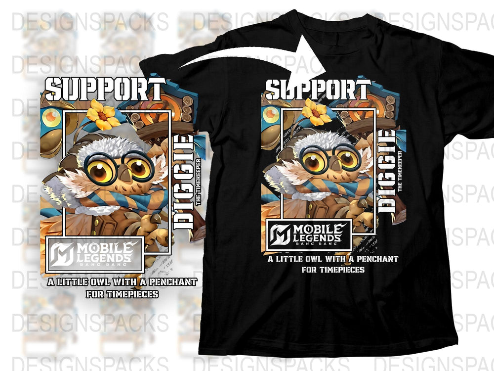 Mobile Legends Support Diggie T-Shirt, Owl Character Graphic Tee, Gaming Apparel, Casual Black Shirt for Gamers