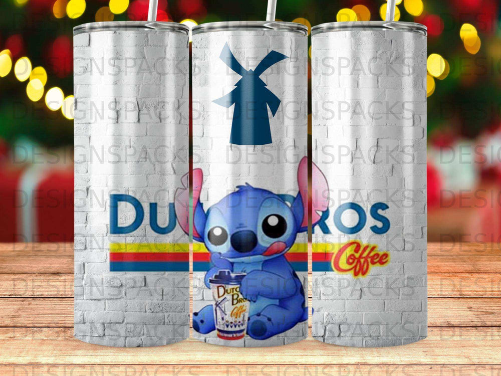 Stitch holding a Dutch Bros Coffee cup, on a tumbler design.
