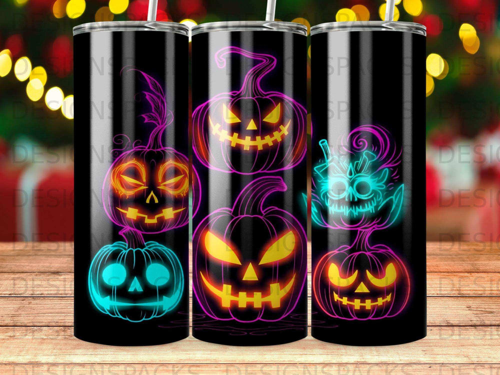 Halloween pumpkins with glowing neon outlines on black background.