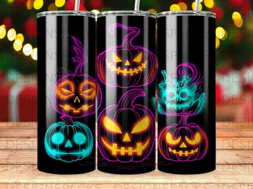 Halloween pumpkins with glowing neon outlines on black background.