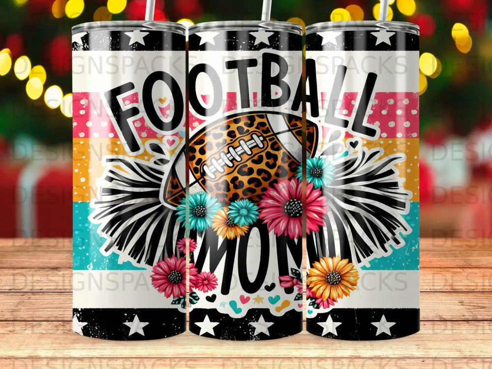 Football Mom tumbler with colorful floral and star patterns.