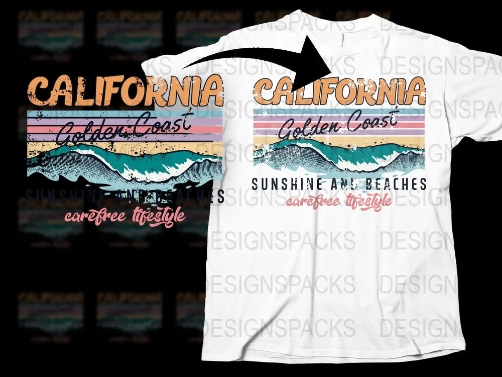 California Golden Coast T-Shirt, Retro Beach Graphic Tee, Vintage Style Sunshine and Beaches Top, Unisex Fashion