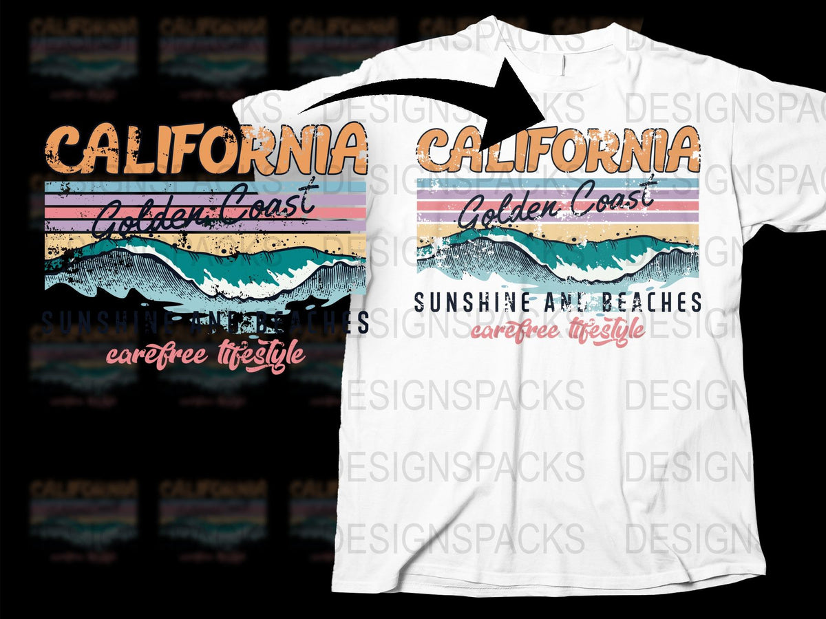 California Golden Coast T-Shirt, Retro Beach Graphic Tee, Vintage Style Sunshine and Beaches Top, Unisex Fashion
