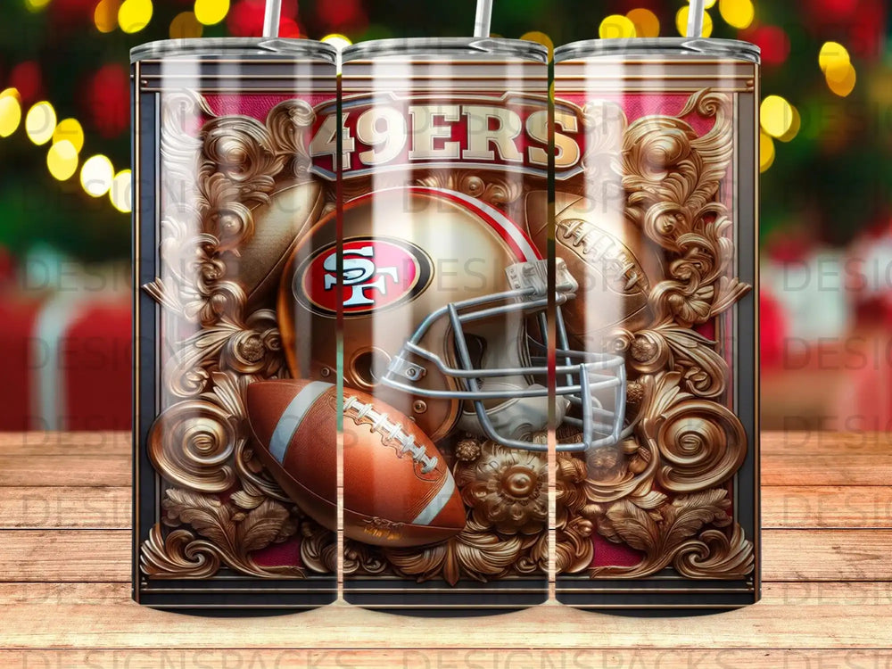 San Francisco 49ers helmet and football with ornate border.