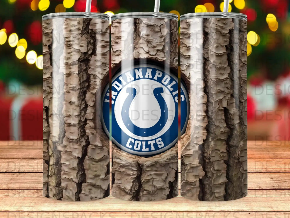 Indianapolis Colts logo on a wood-grain textured tumbler.