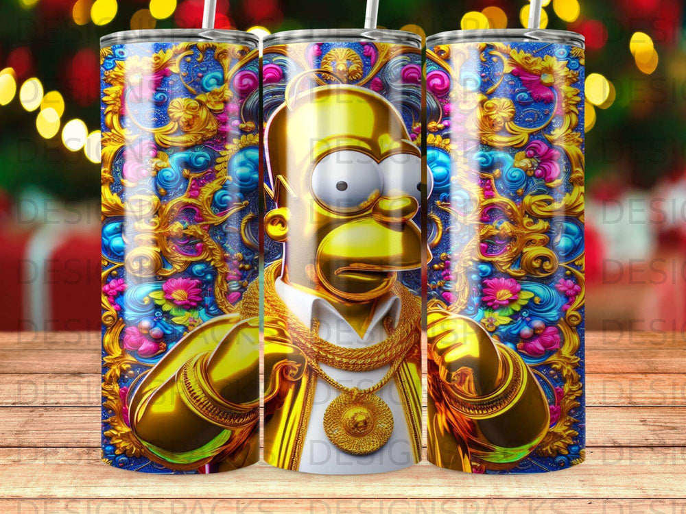 Homer Simpson with elaborate gold jewelry and ornate, colorful background.