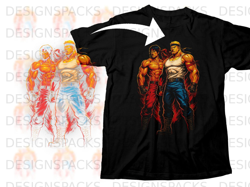 Black t-shirt with graphic of two muscular, cartoonish men in fighting stances.
