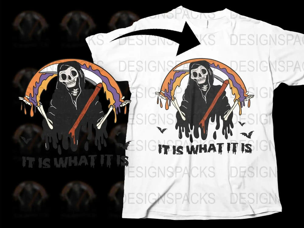 Gothic Skeleton Graphic T-Shirt, Dripping Melting Design, 'It Is What It Is' Quote, Unisex Tee