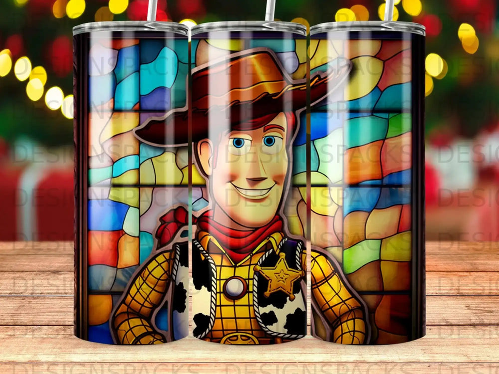 Woody from Toy Story in a stained glass style on a tumbler.