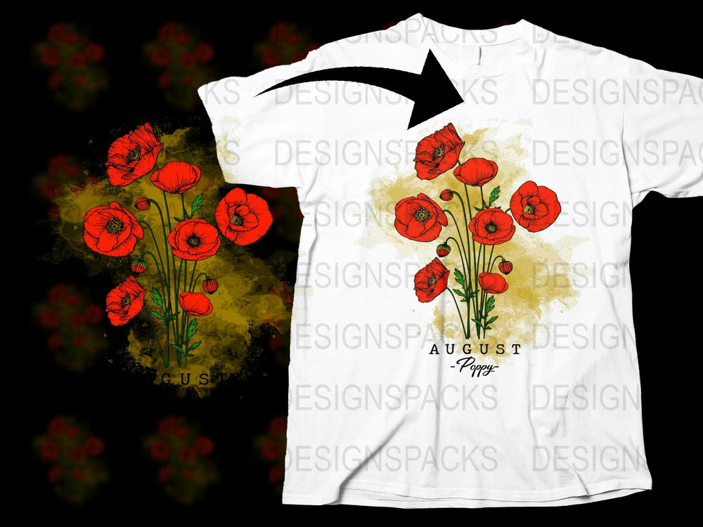 August Poppies Floral T-Shirt, Red Flower Graphic Tee, Watercolor Poppy Design, Nature-Inspired Summer Fashion Top