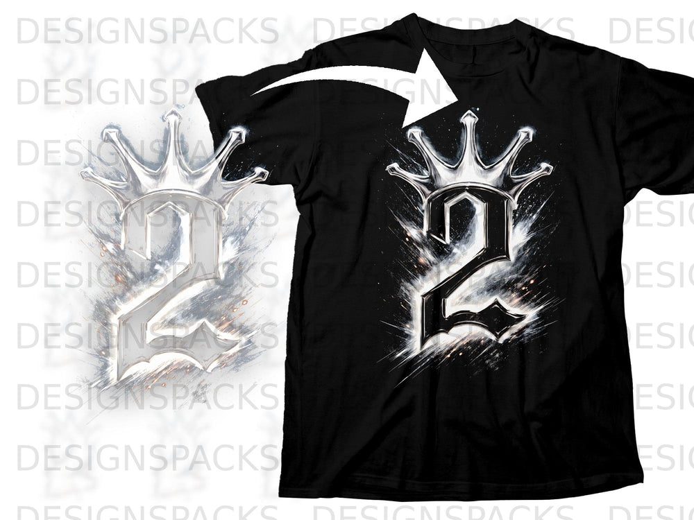 Black t-shirt with a silver metallic number 2 design with a crown.
