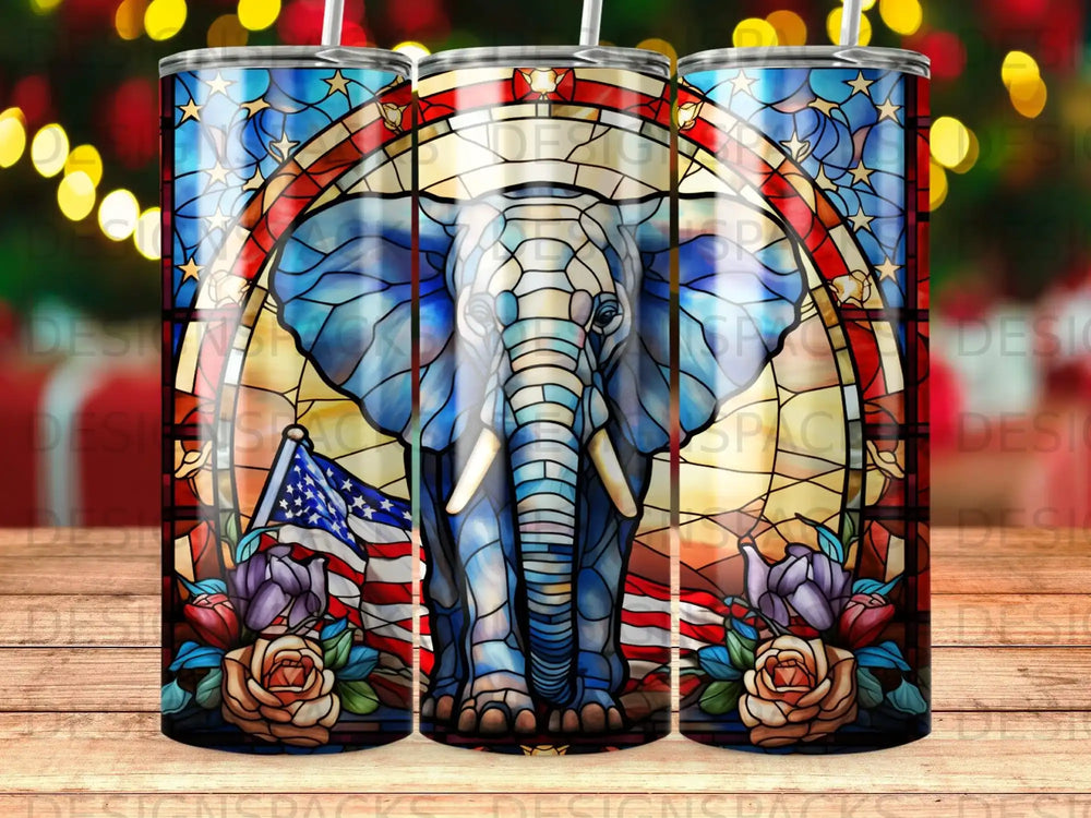 Stained glass elephant with American flag and roses.