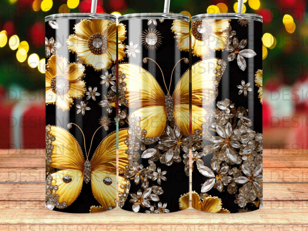 Gold butterflies and crystal flowers on black tumbler with bokeh lights.