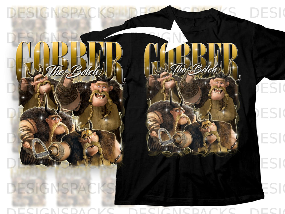 Gobber and "The Belch" characters from How to Train Your Dragon on a black t-shirt.