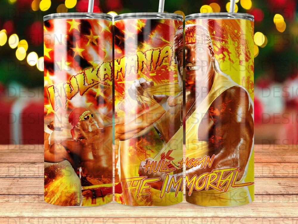 Hulk Hogan "The Immortal" graphic on a tumbler with fiery background.
