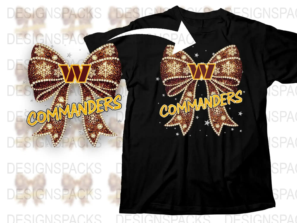 Sparkly Bow Design T-Shirt, Washington Commanders Inspired Fan Apparel, Glitter Football Team Graphic Tee, Black Cotton Shirt