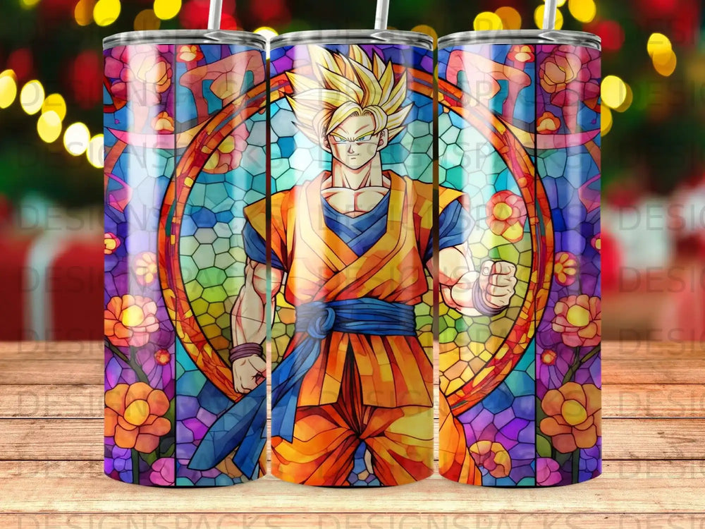 Goku in stained glass style with floral border on a tumbler.