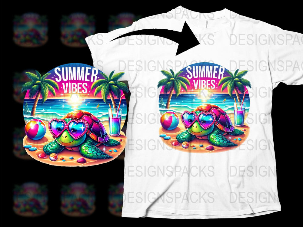 Tropical Summer Vibes T-Shirt, Cute Turtle Graphic, Beach Scene, Colorful Sunset, Unisex Fashion Top