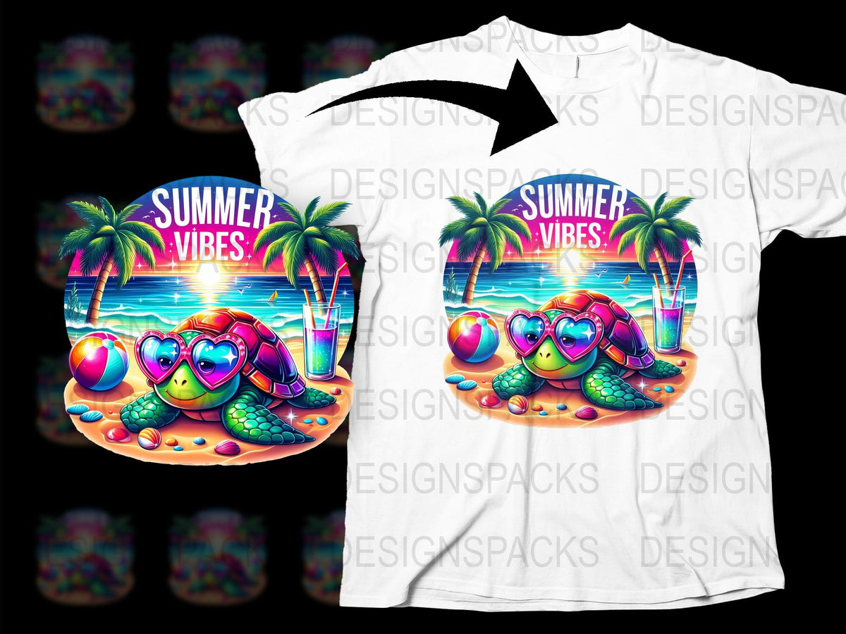 Tropical Summer Vibes T-Shirt, Cute Turtle Graphic, Beach Scene, Colorful Sunset, Unisex Fashion Top