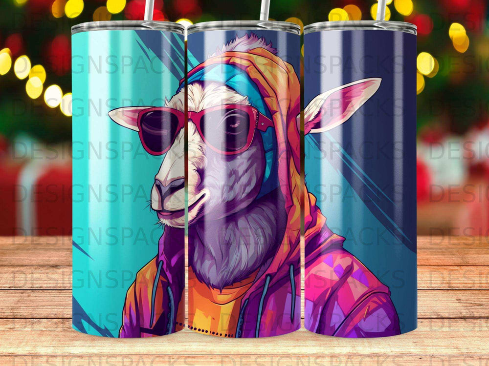 Llama wearing sunglasses and a hoodie, with a colorful, abstract background.