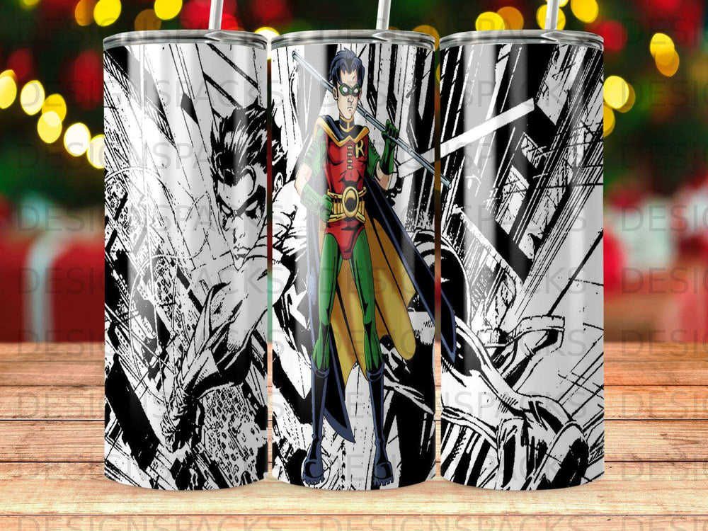 Robin stands in front of comic book panels, superhero art style.