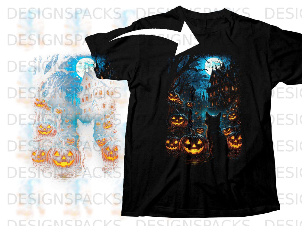 Black t-shirt with a Halloween scene featuring a haunted house, pumpkins, and a black cat.