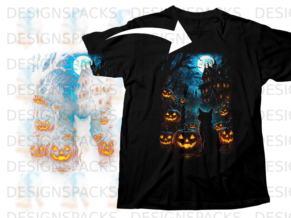 Black t-shirt with a Halloween scene featuring a haunted house, pumpkins, and a black cat.