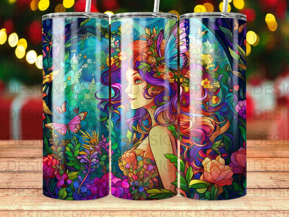 Fairy with colorful hair and butterfly wings surrounded by lush foliage and flowers.