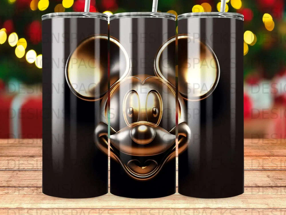 Metallic Mickey Mouse head on a black skinny tumbler.