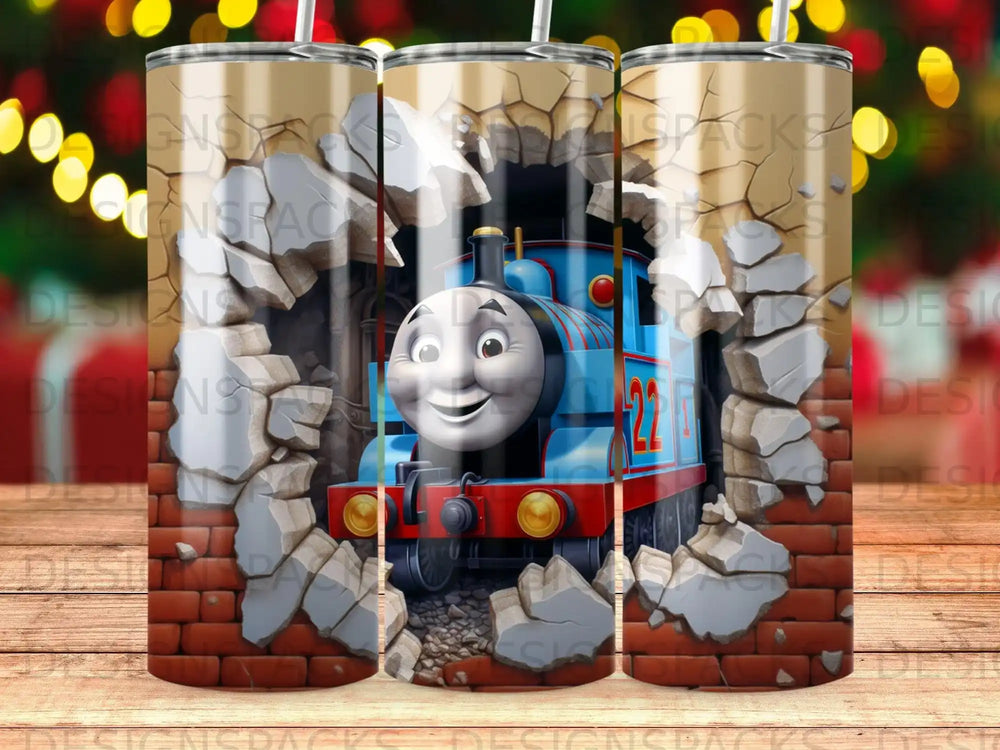 Thomas the Tank Engine bursting through a brick wall.
