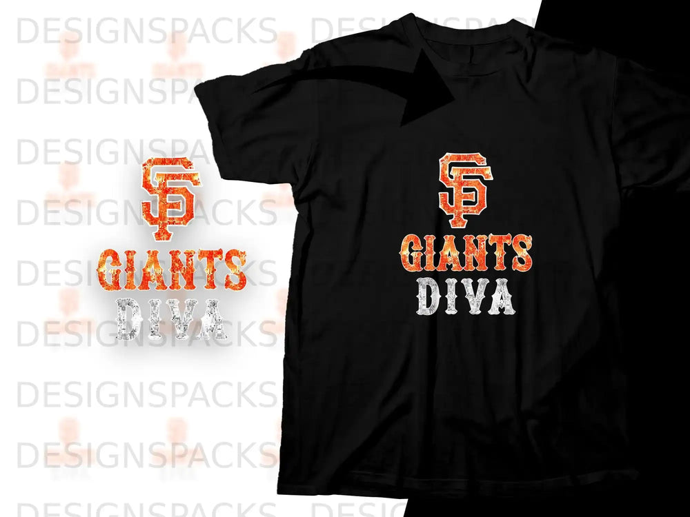Black t-shirt with orange and white "Giants Diva" text.