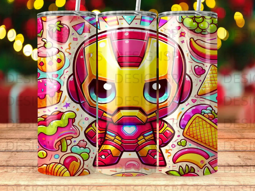 Cartoon Iron Man surrounded by colorful candy, fruit, and ice cream.