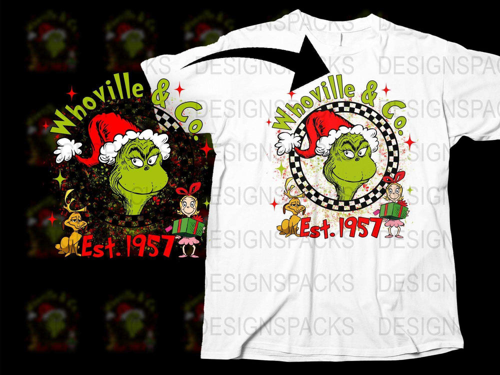 Whoville and Co Est. 1957 Grinch Inspired Christmas T-Shirt, Festive Holiday Graphic Tee, Unisex Adult Clothing