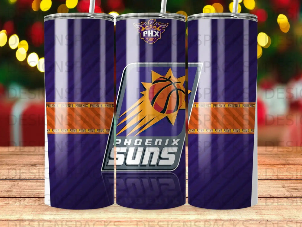 Phoenix Suns logo and team name on a purple tumbler with orange sunburst.