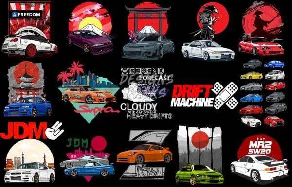 JDM car designs bundle with drift, Supra, MR2 SW20, and Japanese flag motifs for DTF/DTG printing