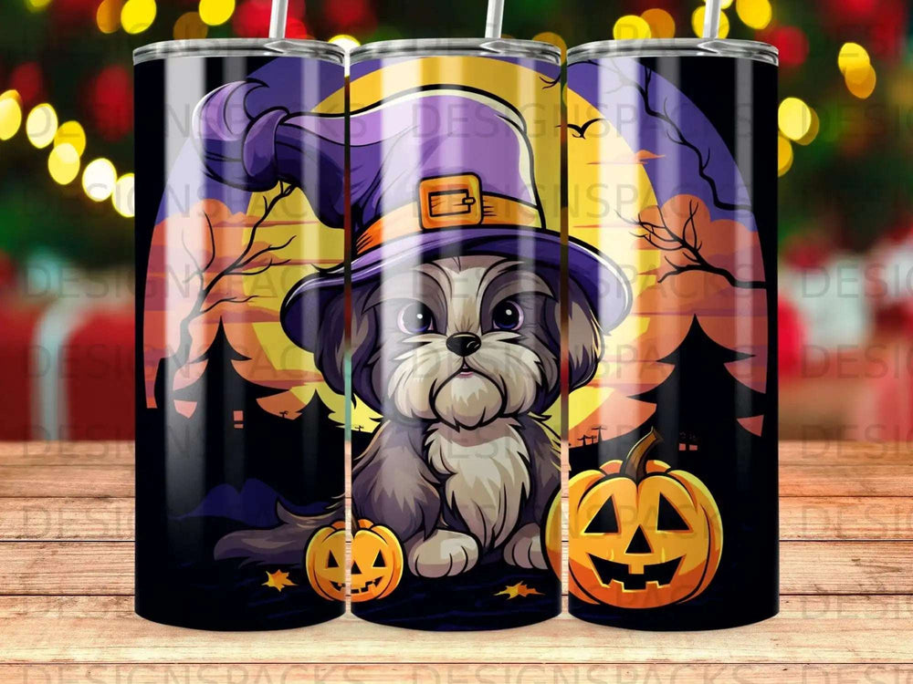 Shih Tzu dog in witch hat with pumpkins and moon, Halloween design.