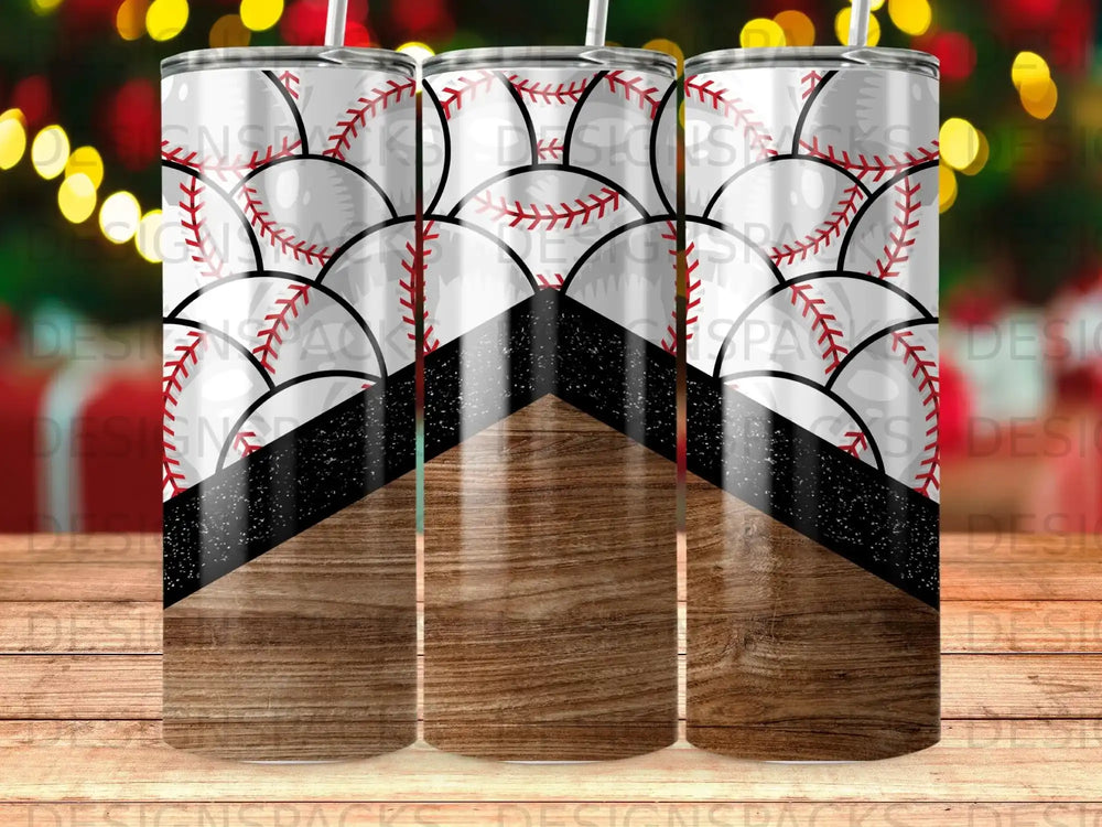 Tumbler with baseball stitching and wood grain pattern.