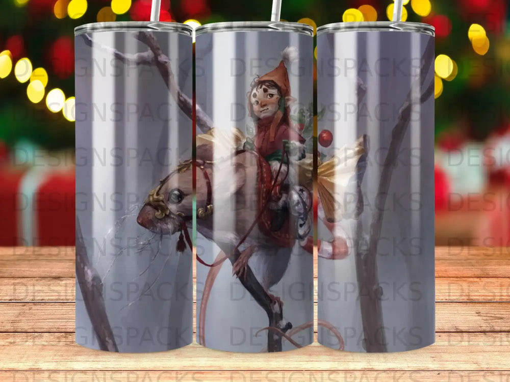 Festive gnome riding a reindeer, surrounded by blurred lights.