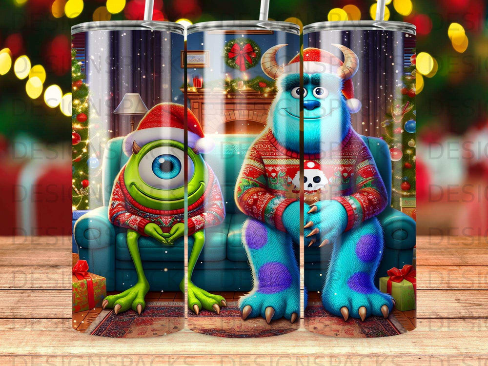 Mike Wazowski and Sulley in Christmas sweaters by a fireplace.