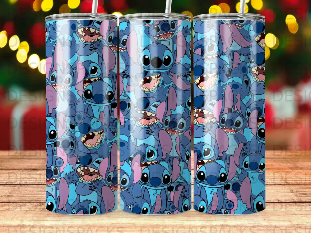 Blue Stitch character pattern on a tumbler with bokeh lights in the background.