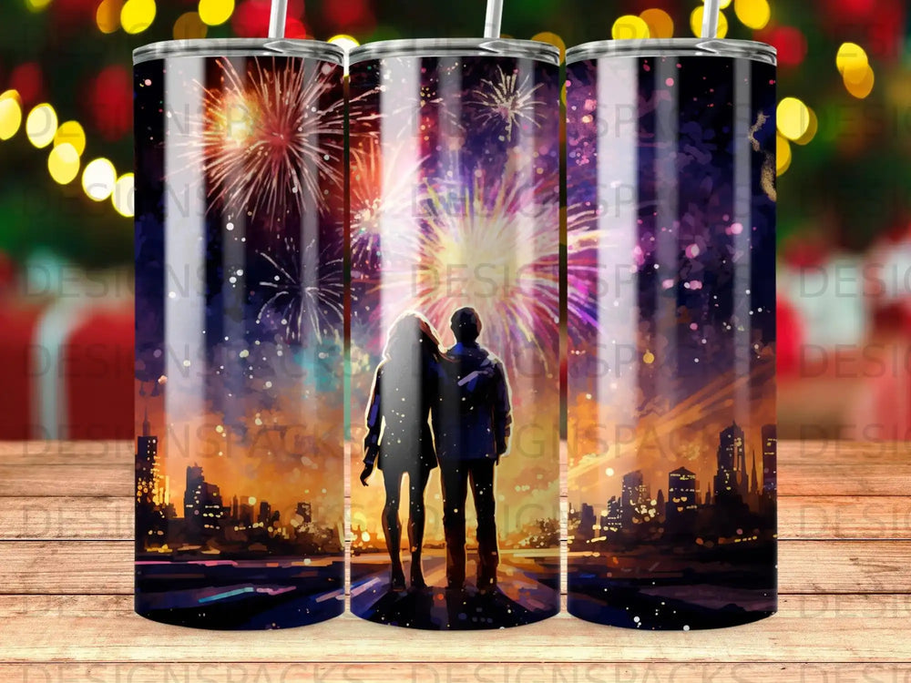 Couple watching fireworks over city skyline from behind.