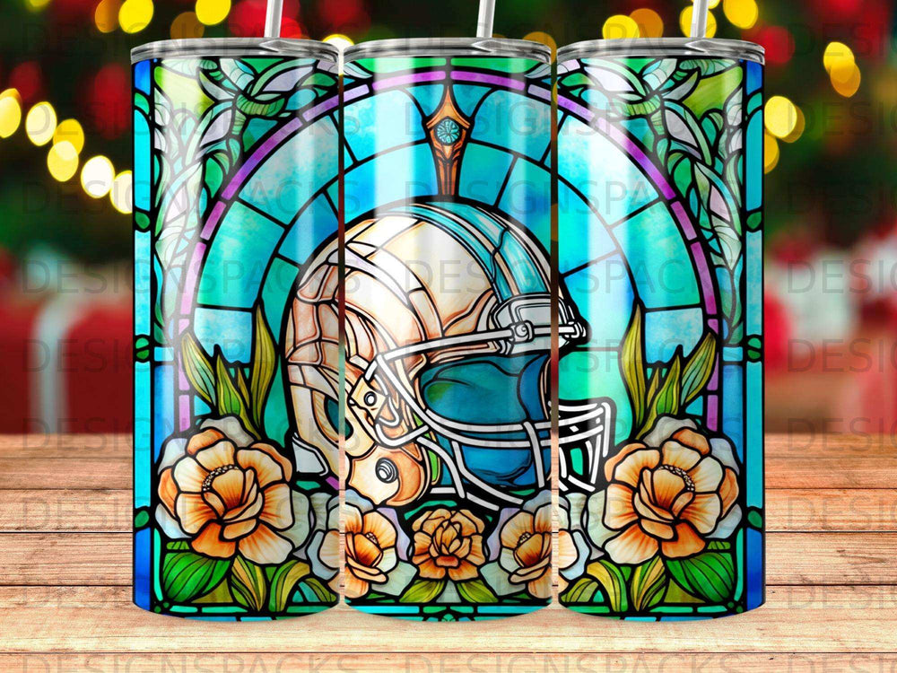 Stained glass design of a football helmet surrounded by flowers.