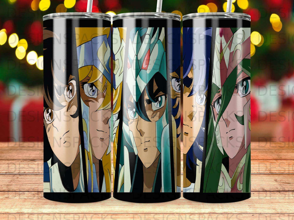 Saint Seiya characters in a vertical line across a tumbler design.